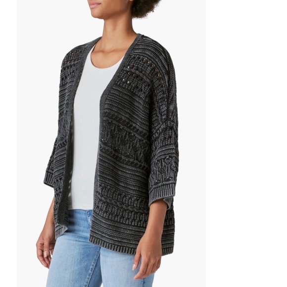 Lucky Brand Dark Acid Wash Open Front Crochet Cardigan Size Small - Picture 3 of 15